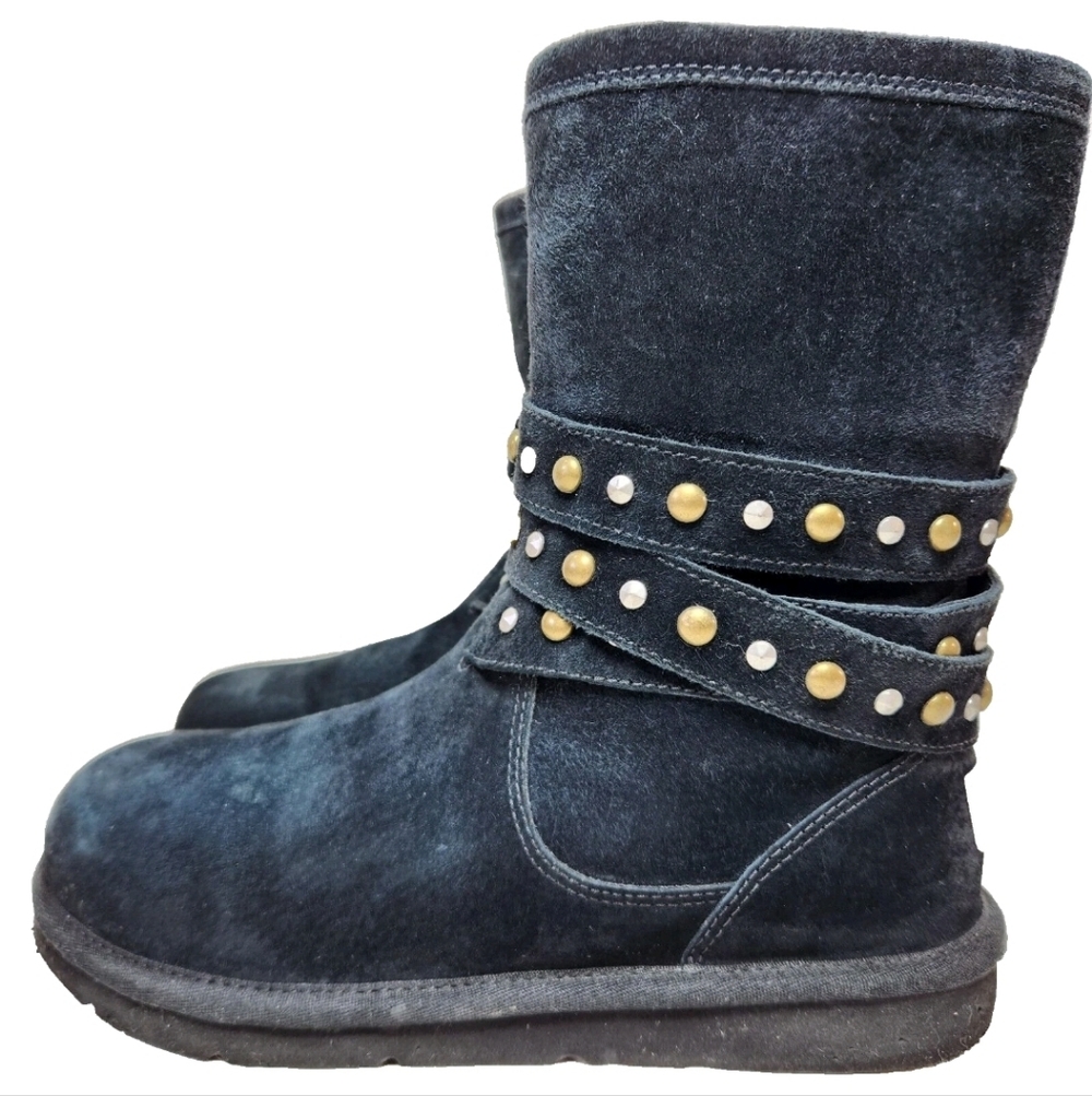 UGG Clovis Genuine Sheepskin Studded Strappy Boots Sz 8 Black Side Zip